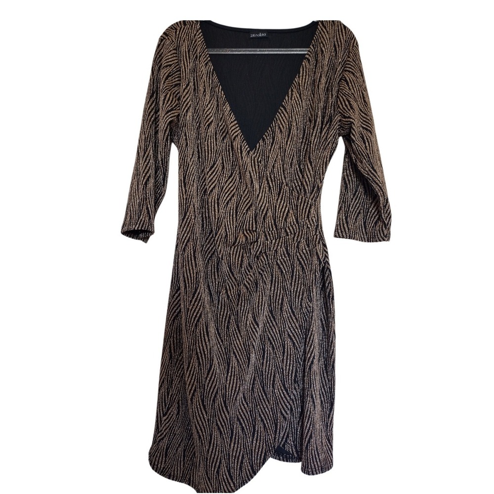 Zenobia Dress Woman's 2X Brown Metallic Knee Length V Neck 3/4 Sleeves Ruched